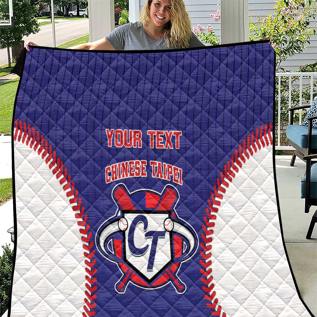 Blue and white baseball-style quilt with red trim, custom text, and CT-themed emblem