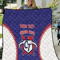 Blue and white baseball-style quilt with red trim, custom text, and CT-themed emblem