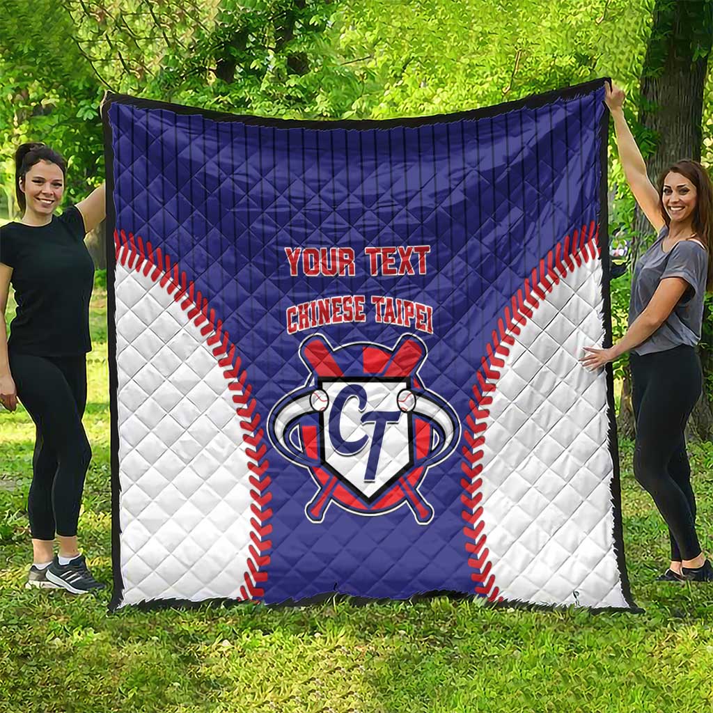Baseball-style quilt in blue and white with red stitched trim, custom text, and CT emblem