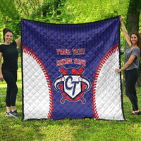 Baseball-style quilt in blue and white with red stitched trim, custom text, and CT emblem