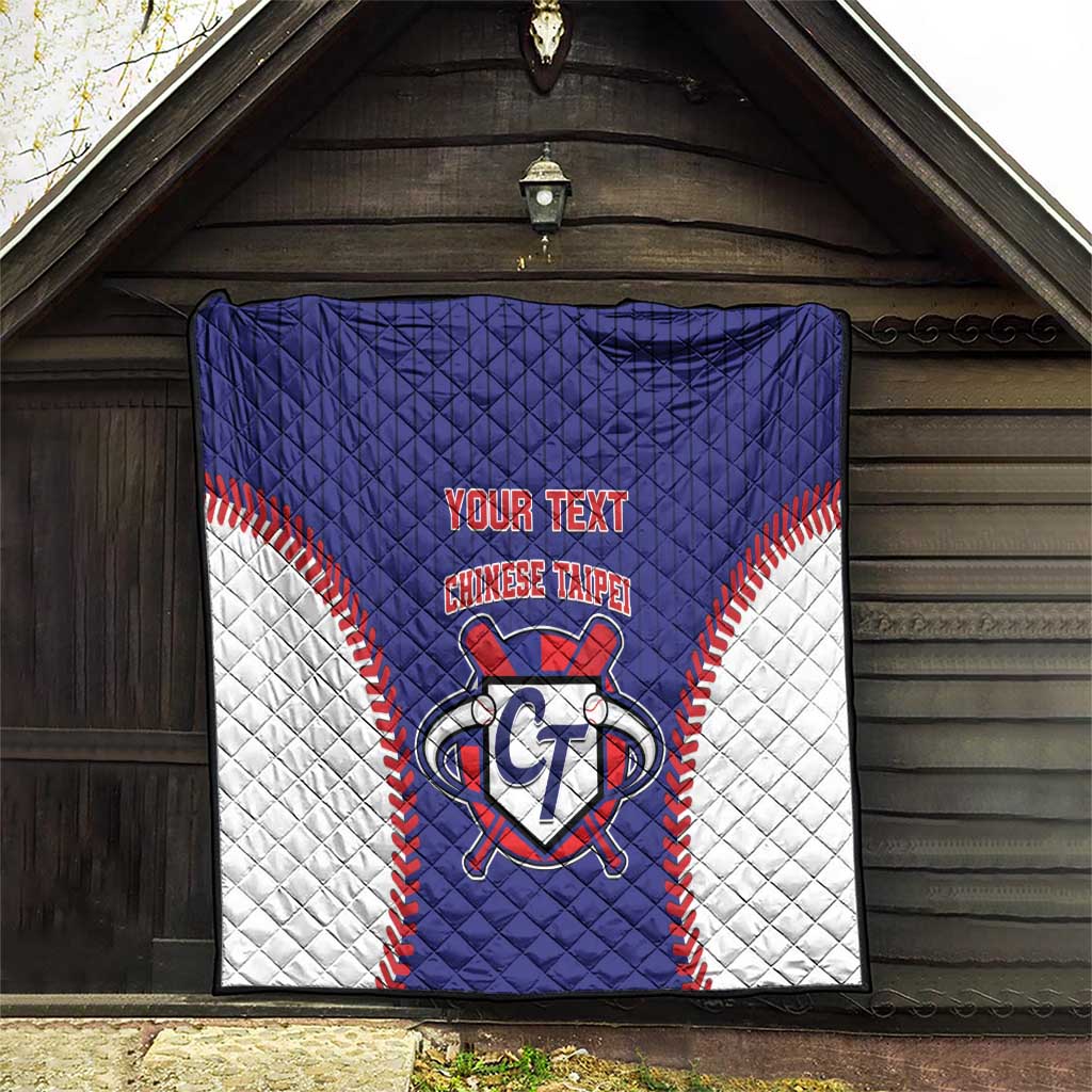 Folded baseball-style quilt with blue top, white bottom, red trim, custom text, CT emblem
