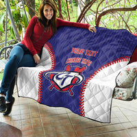 Blue and white baseball-style quilt with red trim, custom text, and CT emblem displayed