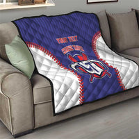 Baseball-style quilt draped on a couch in blue and white with red trim and custom text