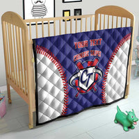 Blue and white quilt with red baseball-stitch trim, custom text, and CT emblem on a crib