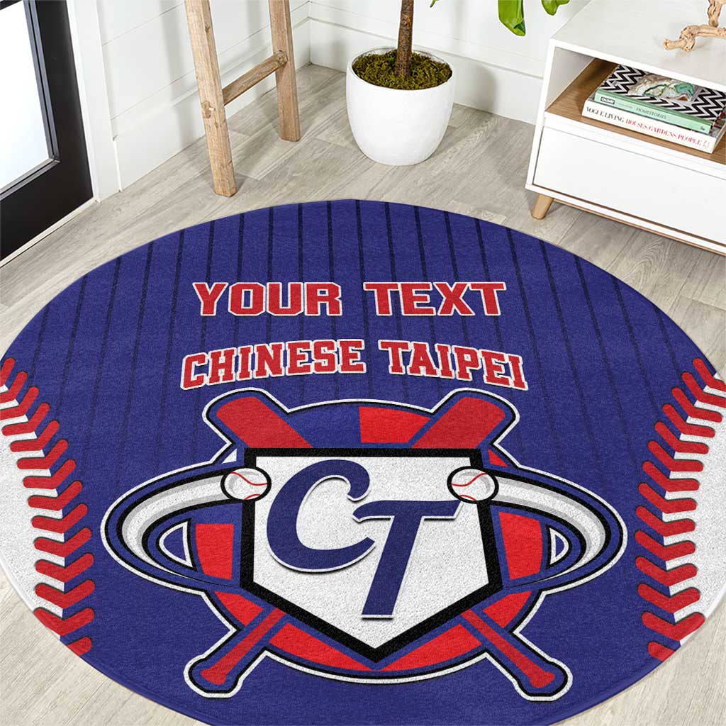 Blue round carpet with baseball-style Chinese Taipei logo and red 'YOUR TEXT' headline