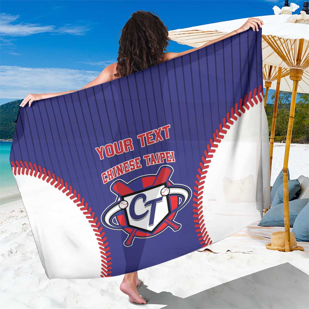 Blue and white baseball-style custom sarong with red-stitched edges and CT logo