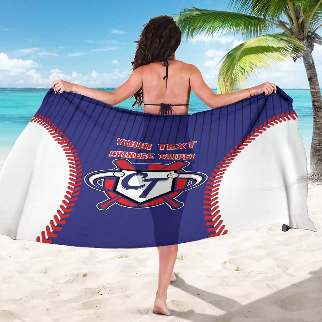 Blue and white baseball-style custom sarong with red trim, text, and CT logo