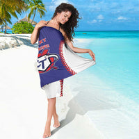 Blue and white baseball-style custom sarong with red stitched trim and CT logo