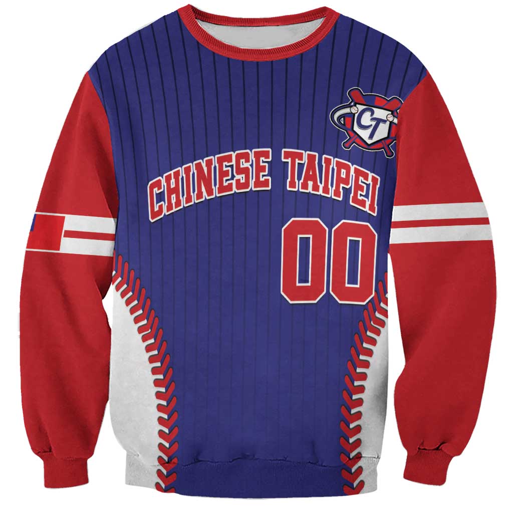 Baseball-style sweatshirt with blue pinstripes, red sleeves, and 'CHINESE TAIPEI 00' front