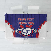 Blue baseball-style tablecloth with red/white stitched border and Chinese Taipei crest