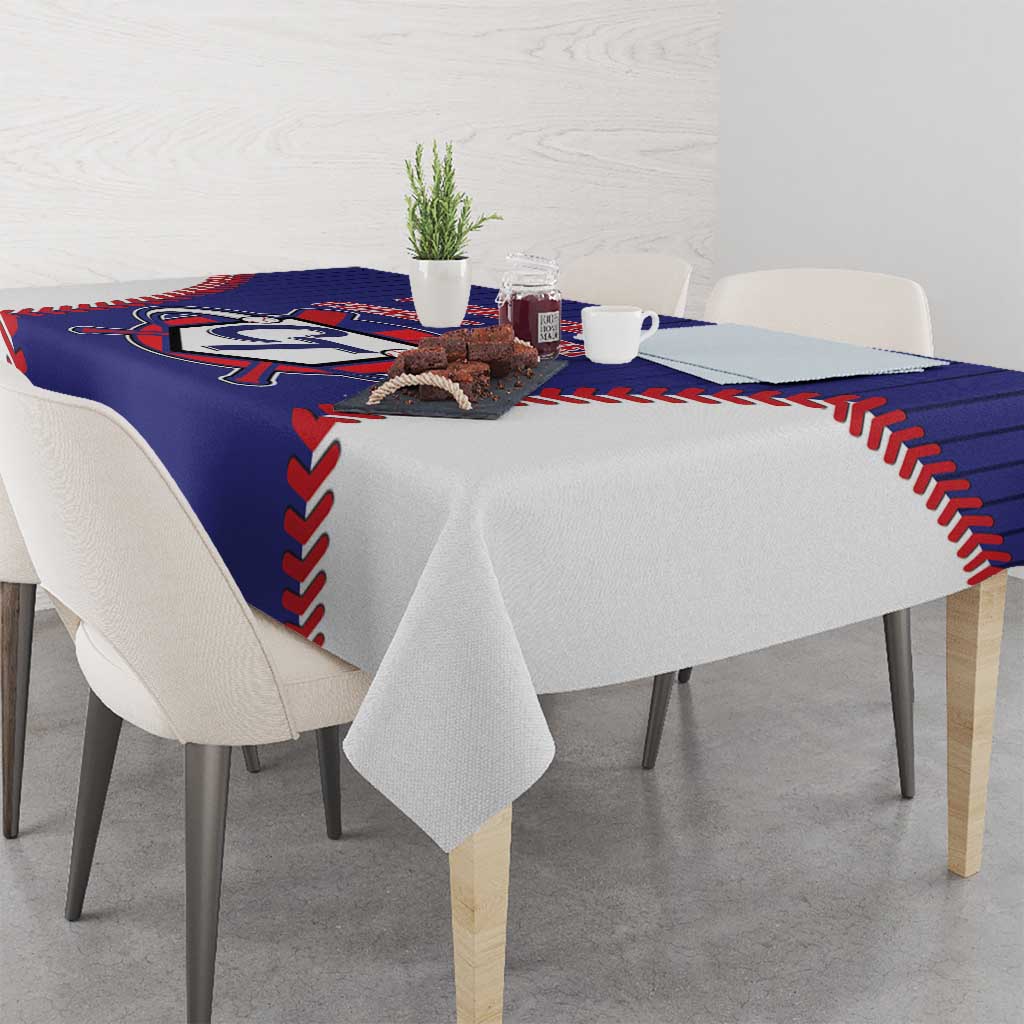 Blue baseball-style tablecloth with red/white stitched corner and printed crest