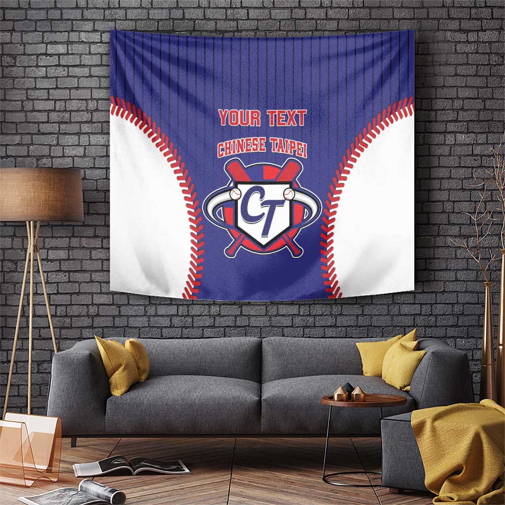 Baseball-style tapestry with blue top, white sides, red stitching, crest and 'YOUR TEXT'