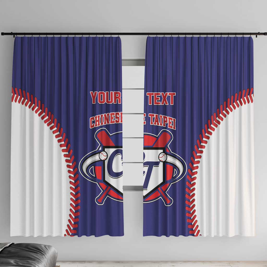 Blue baseball-style window curtain with red rope trim and custom crest design