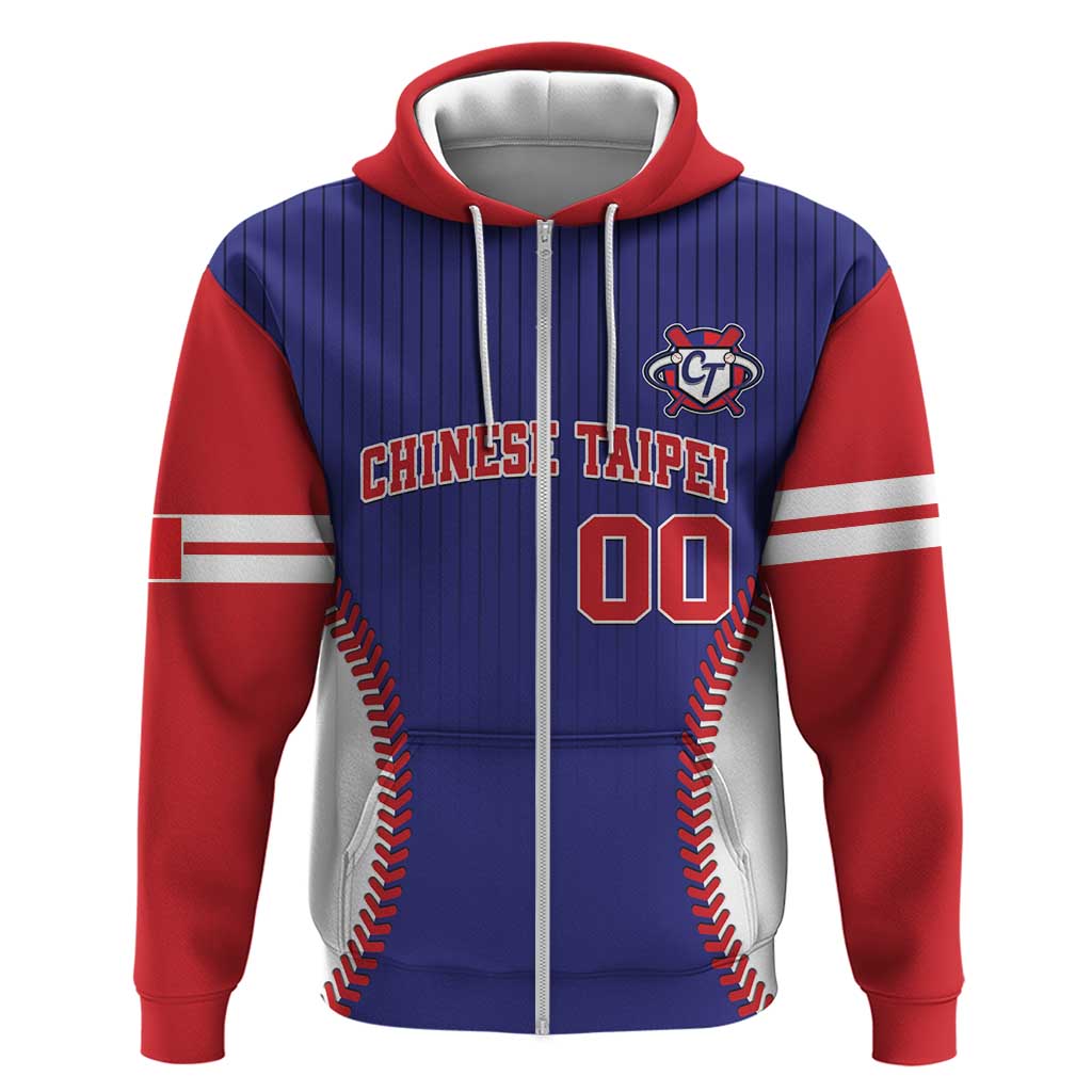 Baseball-style zip hoodie: blue body, red sleeves and hood, Chinese Taipei graphic