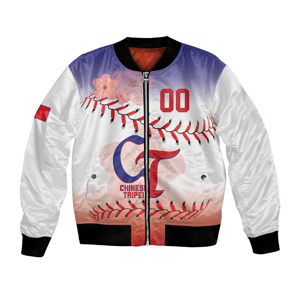 White satin bomber jacket with zip front, Chinese Taipei patch, 00 baseball graphic