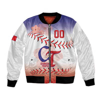 White satin bomber jacket with zip front, Chinese Taipei patch, 00 baseball graphic