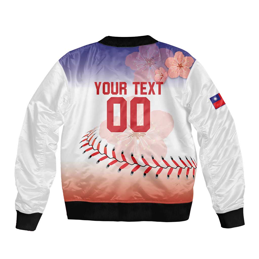 White satin bomber jacket with back print "YOUR TEXT" 00, floral baseball, zip front