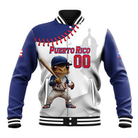 Baseball jacket with blue sleeves, white body, Puerto Rico front mascot graphic