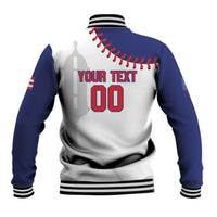 Baseball jacket back view, blue sleeves, white panel with 'YOUR TEXT' and Puerto Rico 00