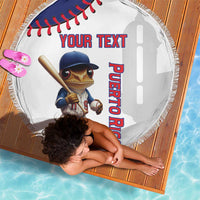 White round beach blanket with fringe, baseball mascot, Your Text and vertical Puerto Rico