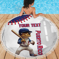 White round beach blanket with fringe, baseball mascot holding bat, Your Text and Puerto Rico