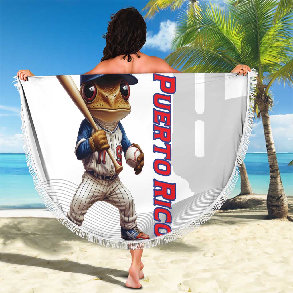 White round beach blanket with fringe, baseball mascot and vertical Puerto Rico text, Your Text
