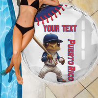 White round beach blanket with fringe, baseball mascot, Your Text and vertical Puerto Rico