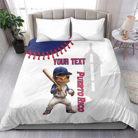 White bedding set with blue baseball graphic, Coqui mascot, and vertical Puerto Rico text.