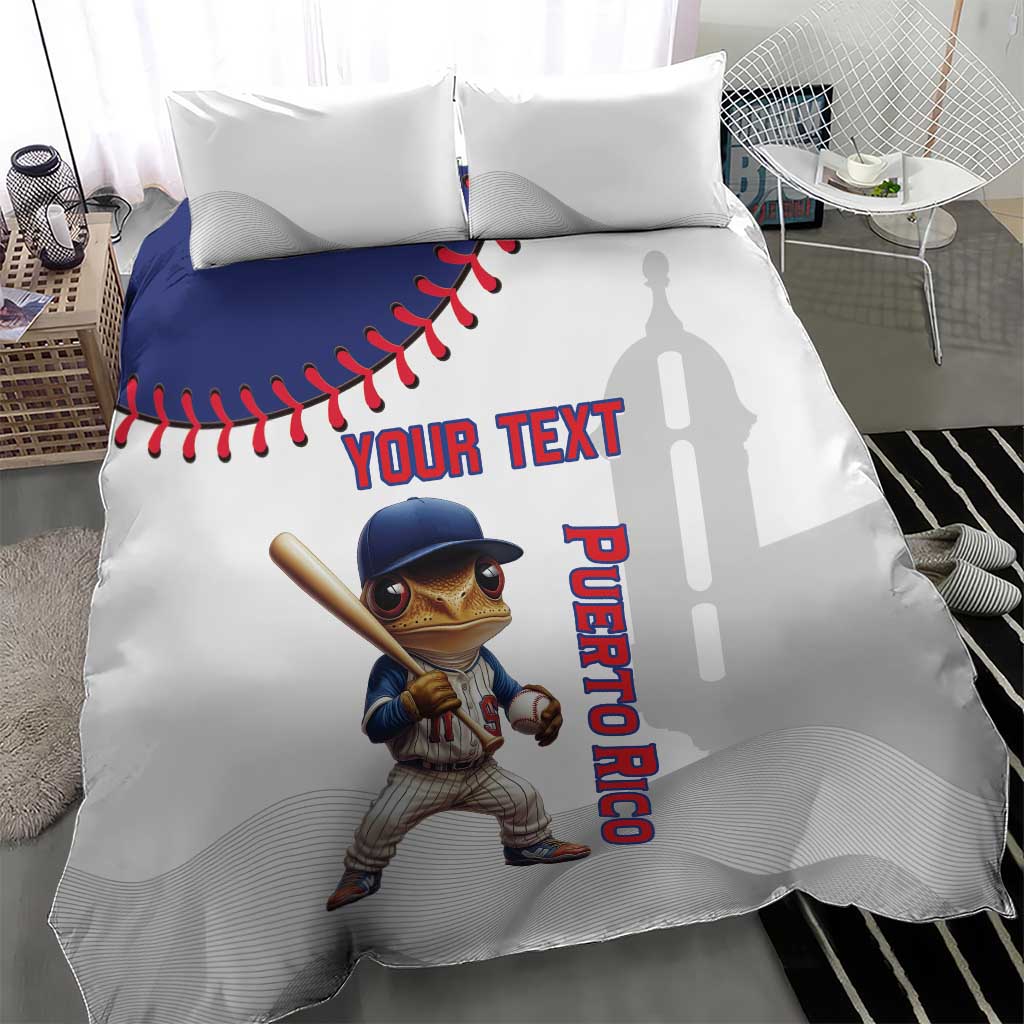 White comforter bedding set featuring Coqui mascot holding a bat and red baseball seams.
