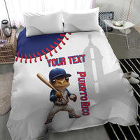 White comforter bedding set featuring Coqui mascot holding a bat and red baseball seams.