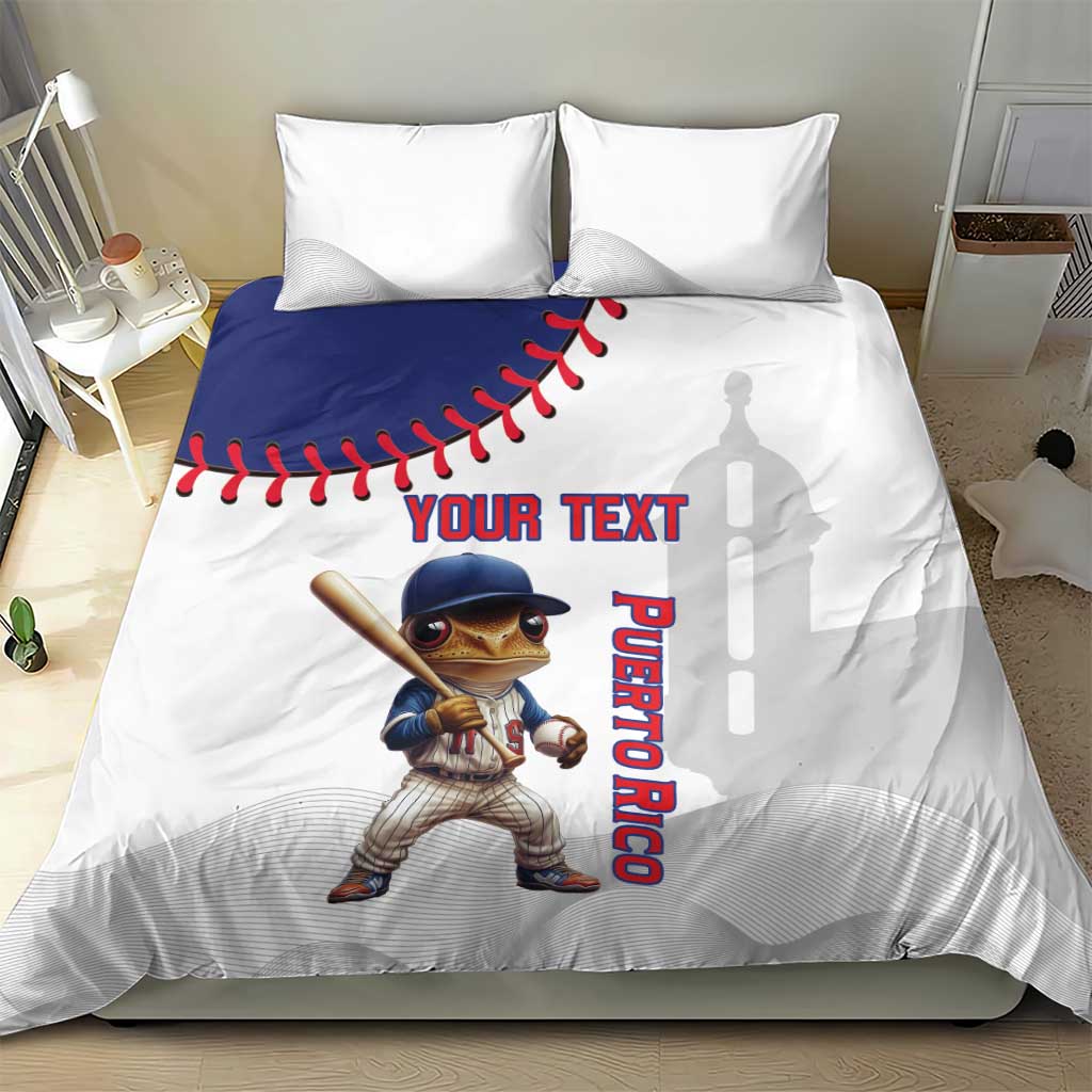 White bedding set with Coqui mascot, red baseball stitching, and Puerto Rico text panel.