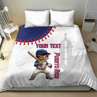 White bedding set with Coqui mascot, red baseball stitching, and Puerto Rico text panel.