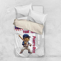 White duvet cover set with Coqui mascot, bat graphic, and red baseball seam border.
