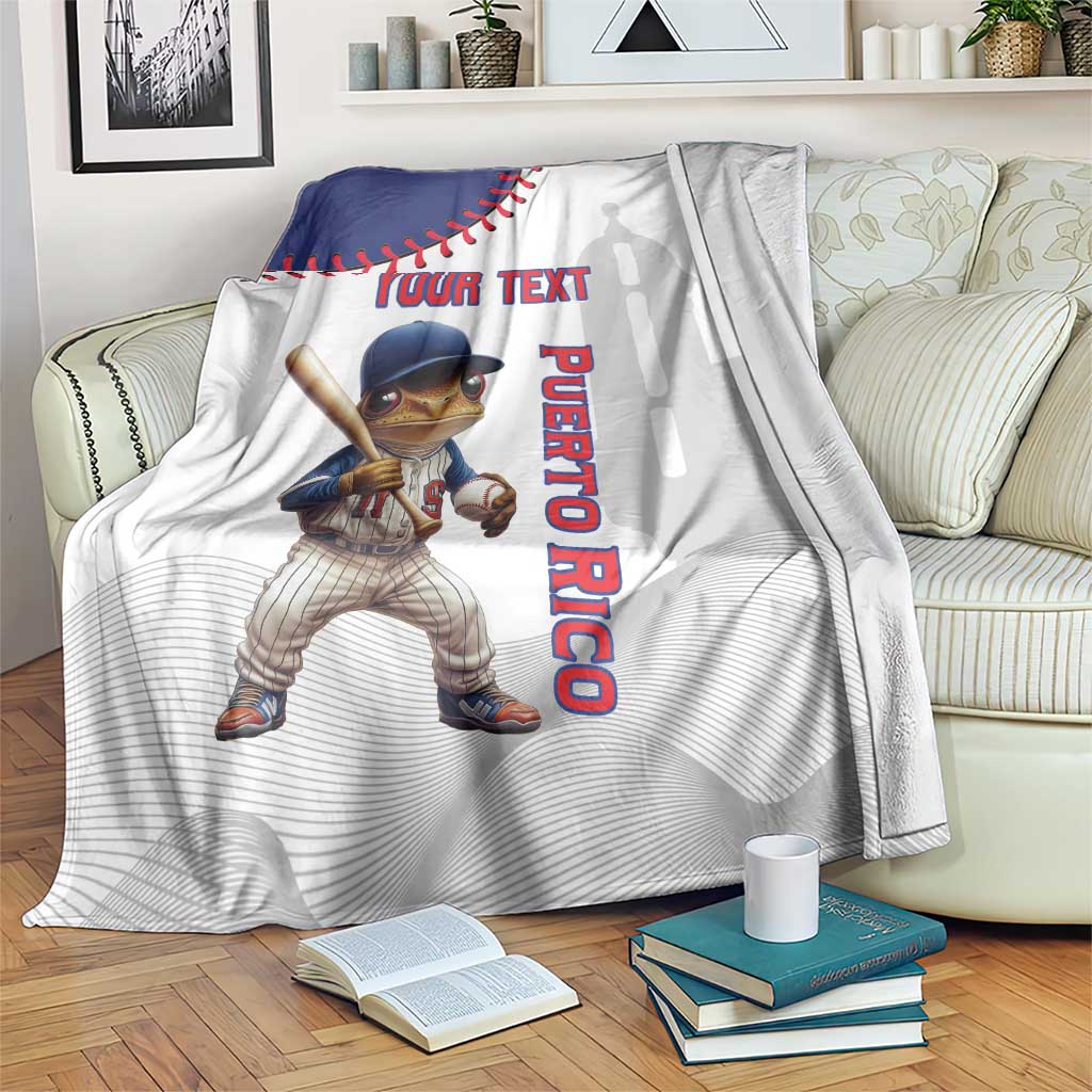 White baseball-themed Puerto Rico mascot blanket with blue border and 'Your Text' print