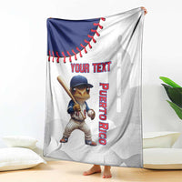 White baseball Puerto Rico mascot blanket with blue seam graphic and vertical 'PUERTO RICO'