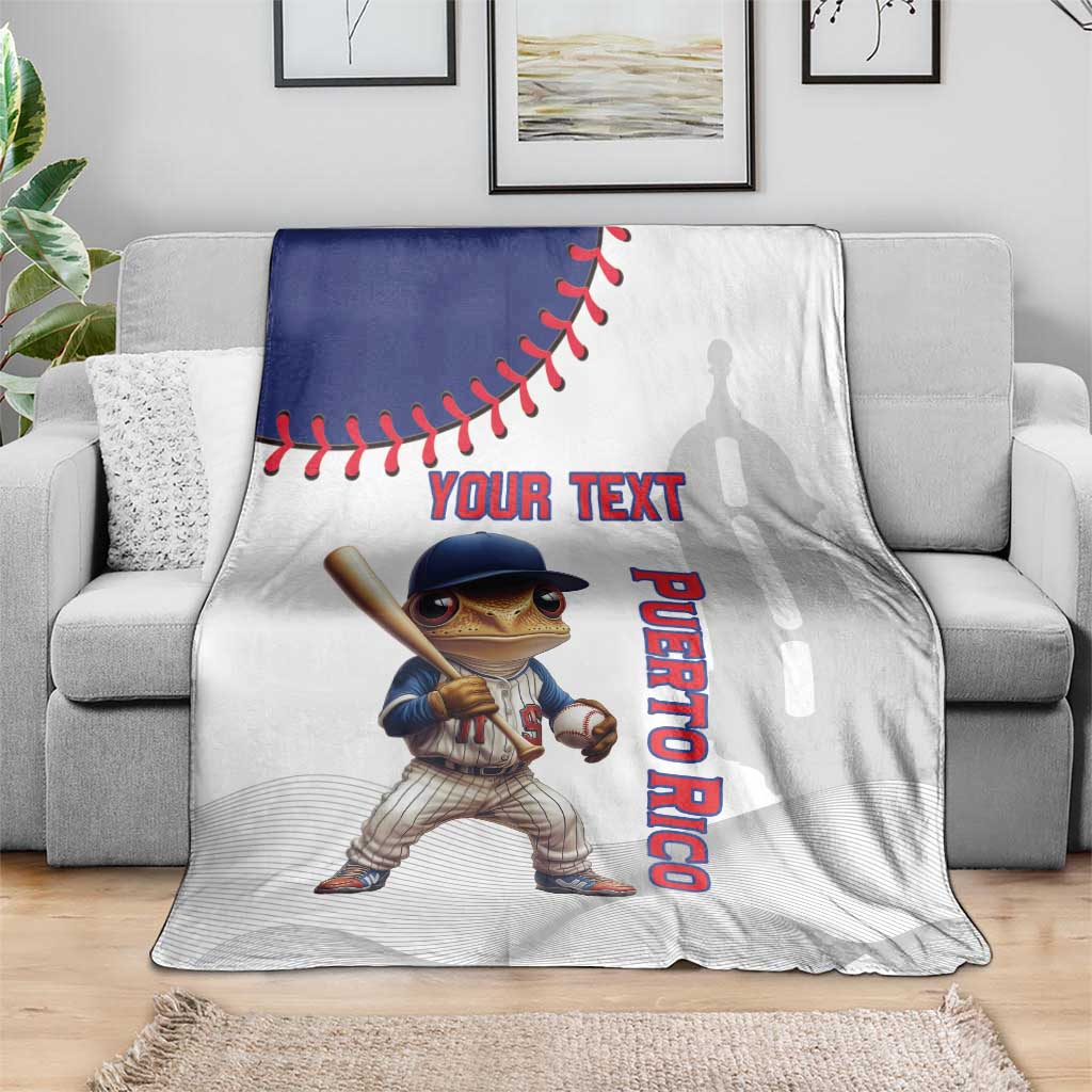 White baseball Puerto Rico mascot blanket with 'YOUR TEXT' and vertical 'Puerto Rico' print