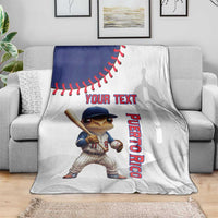 White baseball Puerto Rico mascot blanket with 'YOUR TEXT' and vertical 'Puerto Rico' print