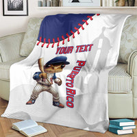 White and blue baseball Puerto Rico mascot blanket featuring 'YOUR TEXT' and 'PUERTO RICO'