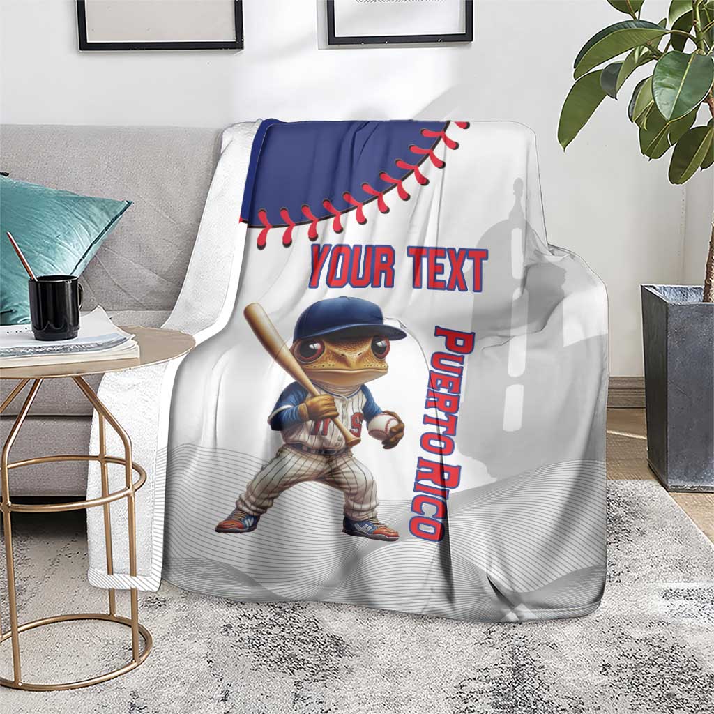 White baseball Puerto Rico mascot blanket with blue curved baseball graphic and 'YOUR TEXT'
