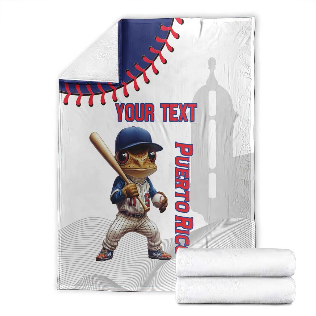 Folded white Puerto Rico baseball mascot blanket with blue seam detail and 'YOUR TEXT'