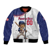 White and blue baseball bomber jacket with Puerto Rico 00 mascot front graphic, ribbed hem