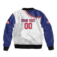 White and blue baseball bomber jacket with Your Text 00 back graphic, ribbed cuffs and hem