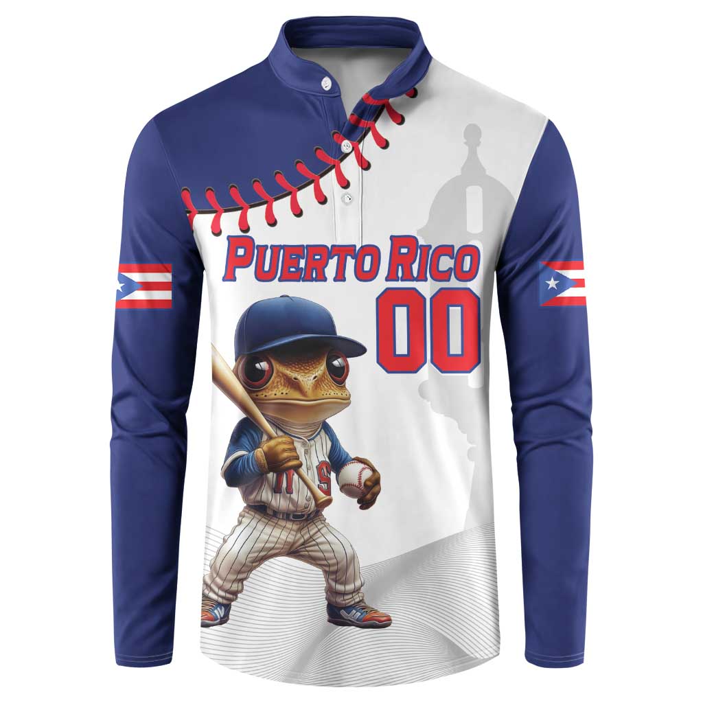 Navy and white button-front baseball sweatshirt with Puerto Rico mascot graphic