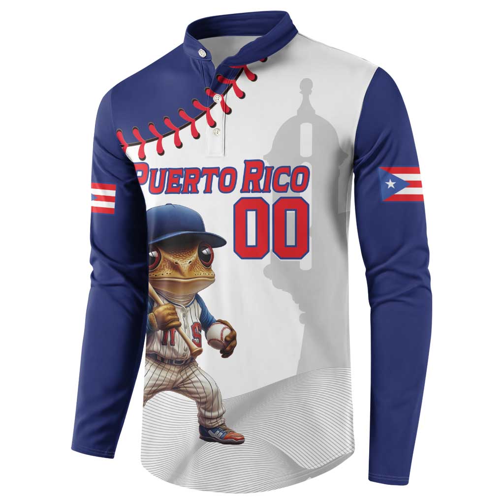 Navy and white button-front baseball sweatshirt with Puerto Rico logo, number 00, mascot