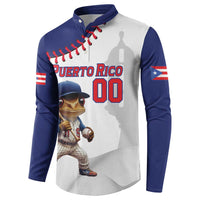 Navy and white button-front baseball sweatshirt with Puerto Rico logo, number 00, mascot