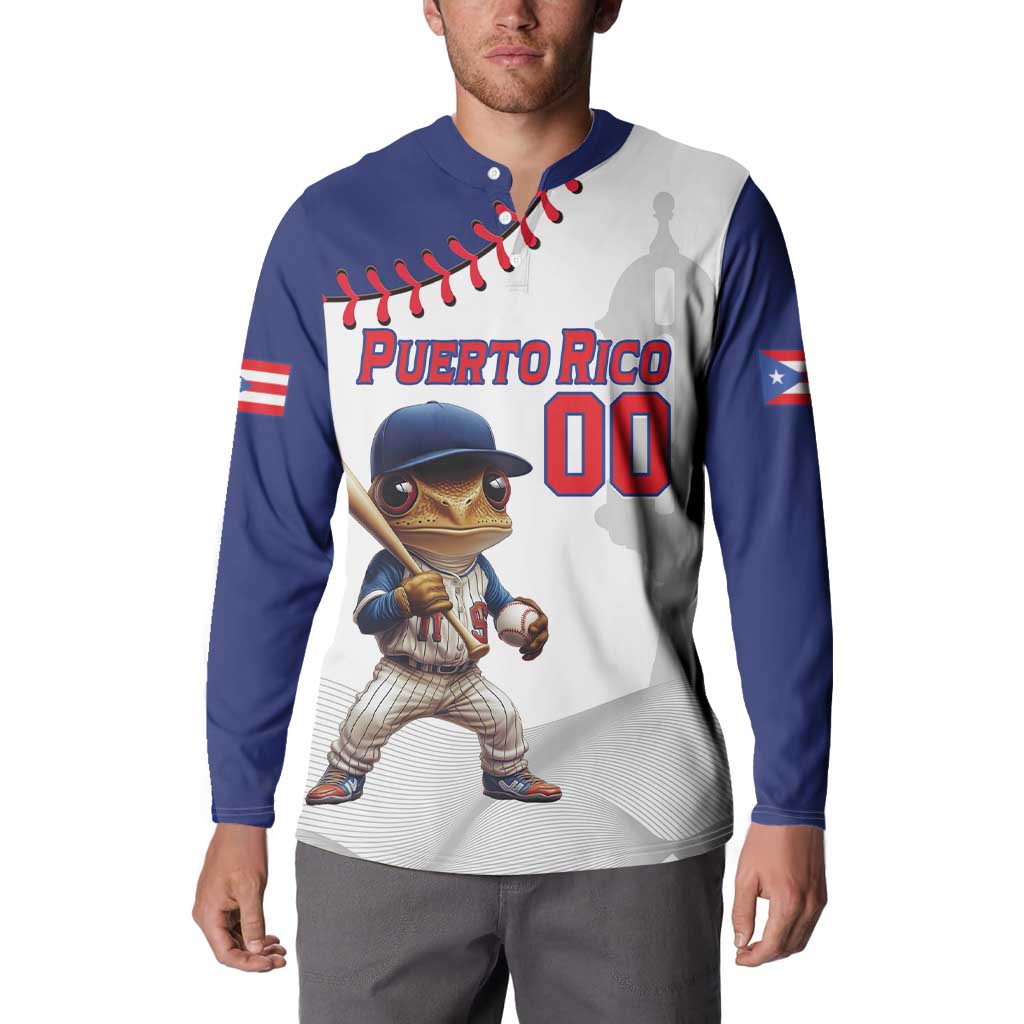 Navy and white button-front baseball sweatshirt with Puerto Rico text, mascot, number 00