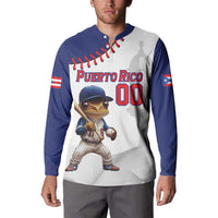 Navy and white button-front baseball sweatshirt with Puerto Rico text, mascot, number 00