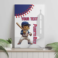 Baseball coqui mascot canvas wall art with blue panel, red baseball stitching, and “Your Text”