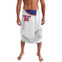 White baseball-style lavalava with blue waistband, red stitching, custom text and number.