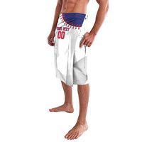 White baseball-style lavalava with blue band, red stitches, 'YOUR TEXT 00' front.